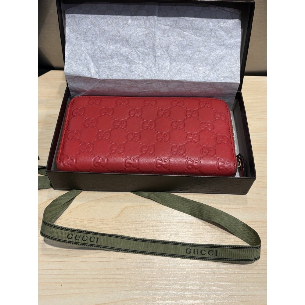 Authentic HOT Red GUCCI Guccissima Leather Zipper Wallet W/ COA Box Fits IPhone